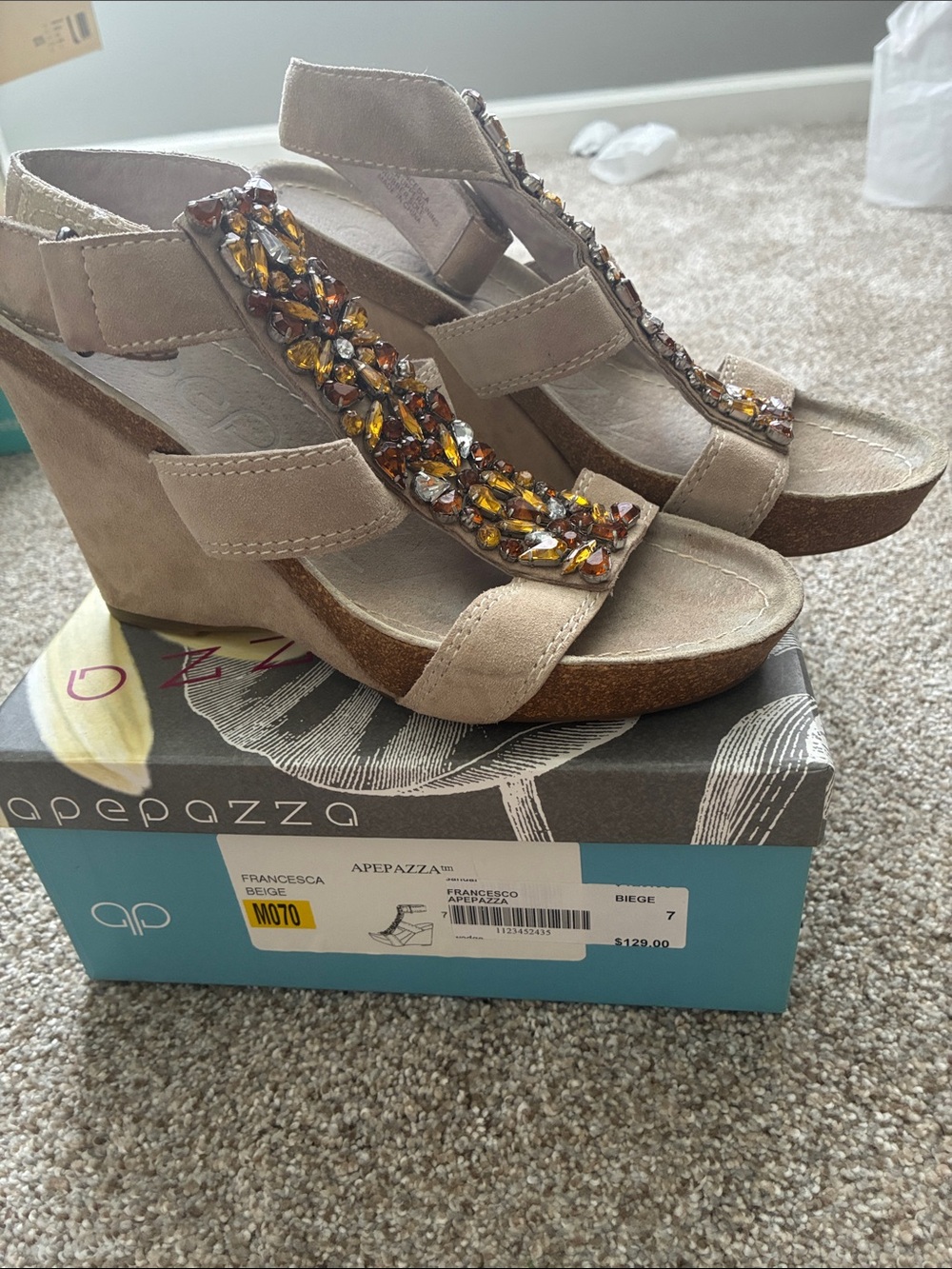 Apepazza Beige Suede Jeweled Wedge Sandals with Amber Crystals